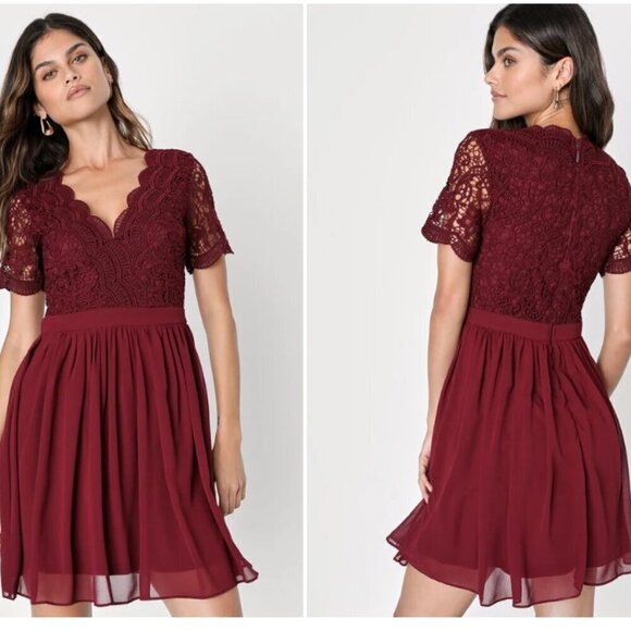 Lulus Dresses & Skirts - Lulus Burgundy Angel in Disguise Lace Skater Dress Size XL NWT